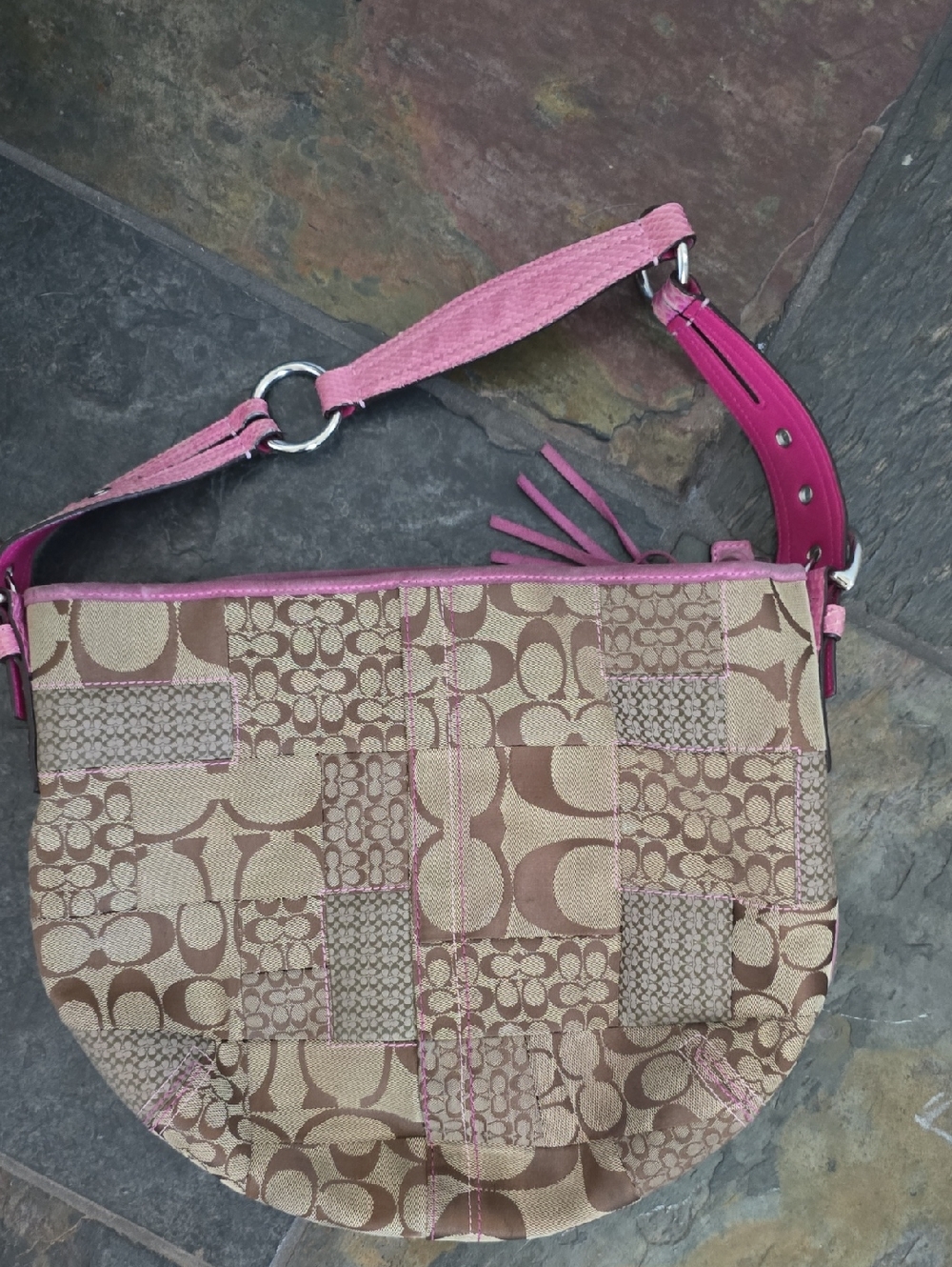 Coach Beige & Pink Signature Patchwork Shoulder Bag